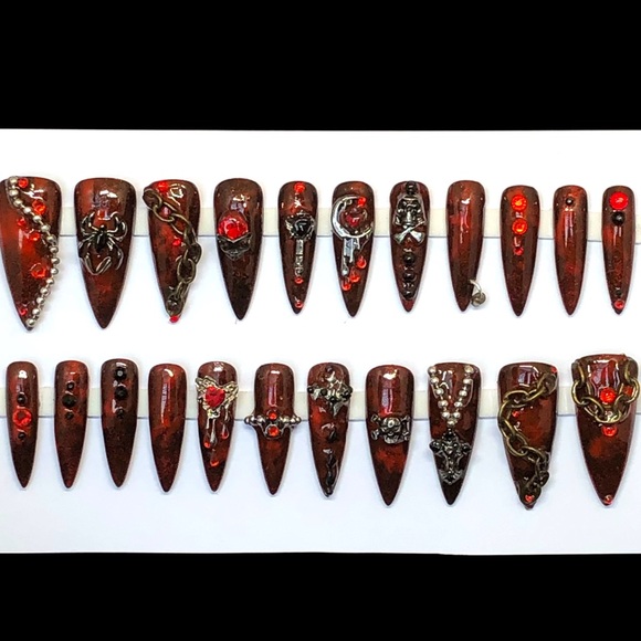 Handmade Custom Press On Nails Long Stiletto Gothic Skull Chains Red Black Nails - Picture 1 of 11